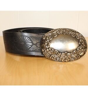 Belt Shak Canada Black 100% Leather Embossed Belt with Silver Floral Buckle SZ M